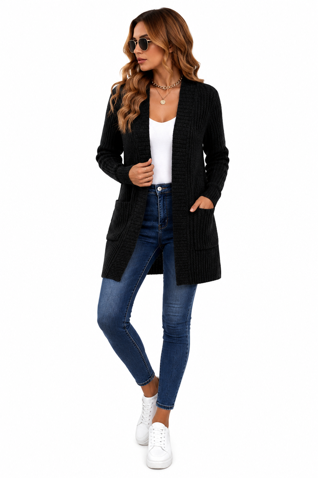 Casaco Feminino Cardigan Alongado em Tricot Preto