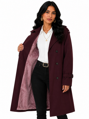 Sobretudo Feminino Amanda Vinho | Trench Coat Térmico Forrado com Cinto | Seleção Inverno