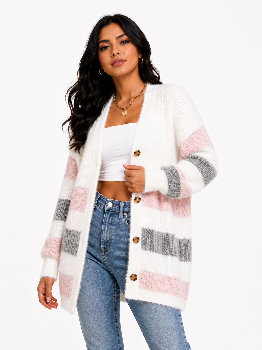 Cardigan Feminino Tricô Listrado Rosé Soft | Coleção Inverno