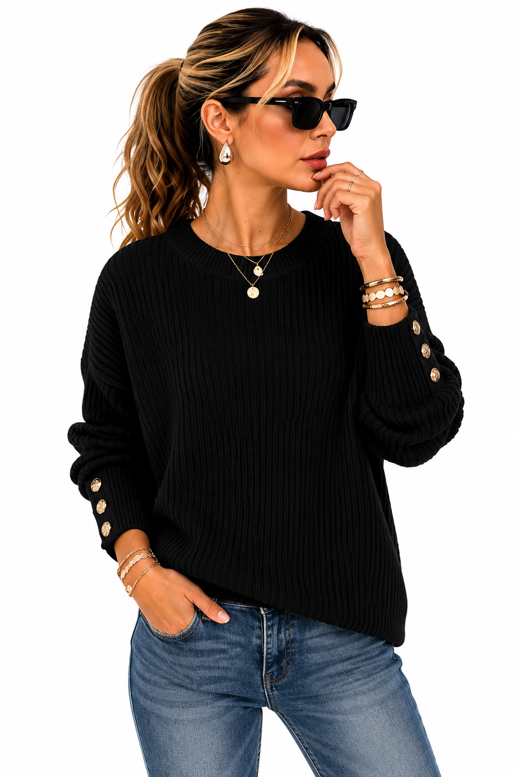 Suéter Feminino Tricô Preto com Botões Dourados