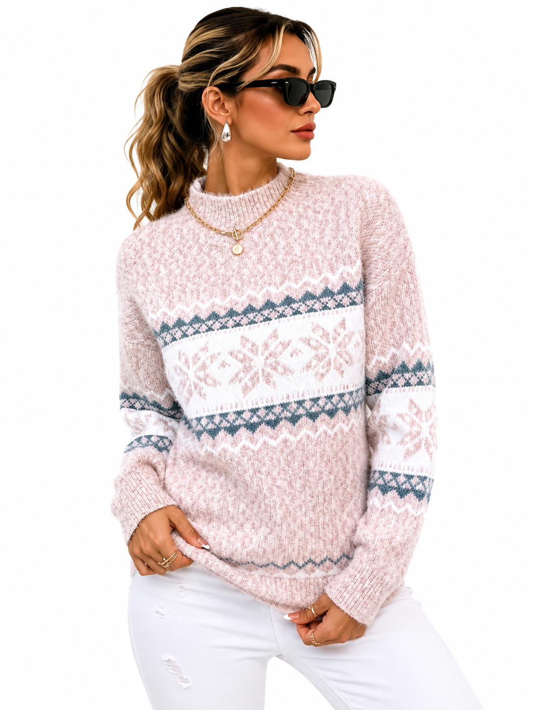 Suéter Feminino Tricô Nórdico Rosa Inverno | Edição Inverno