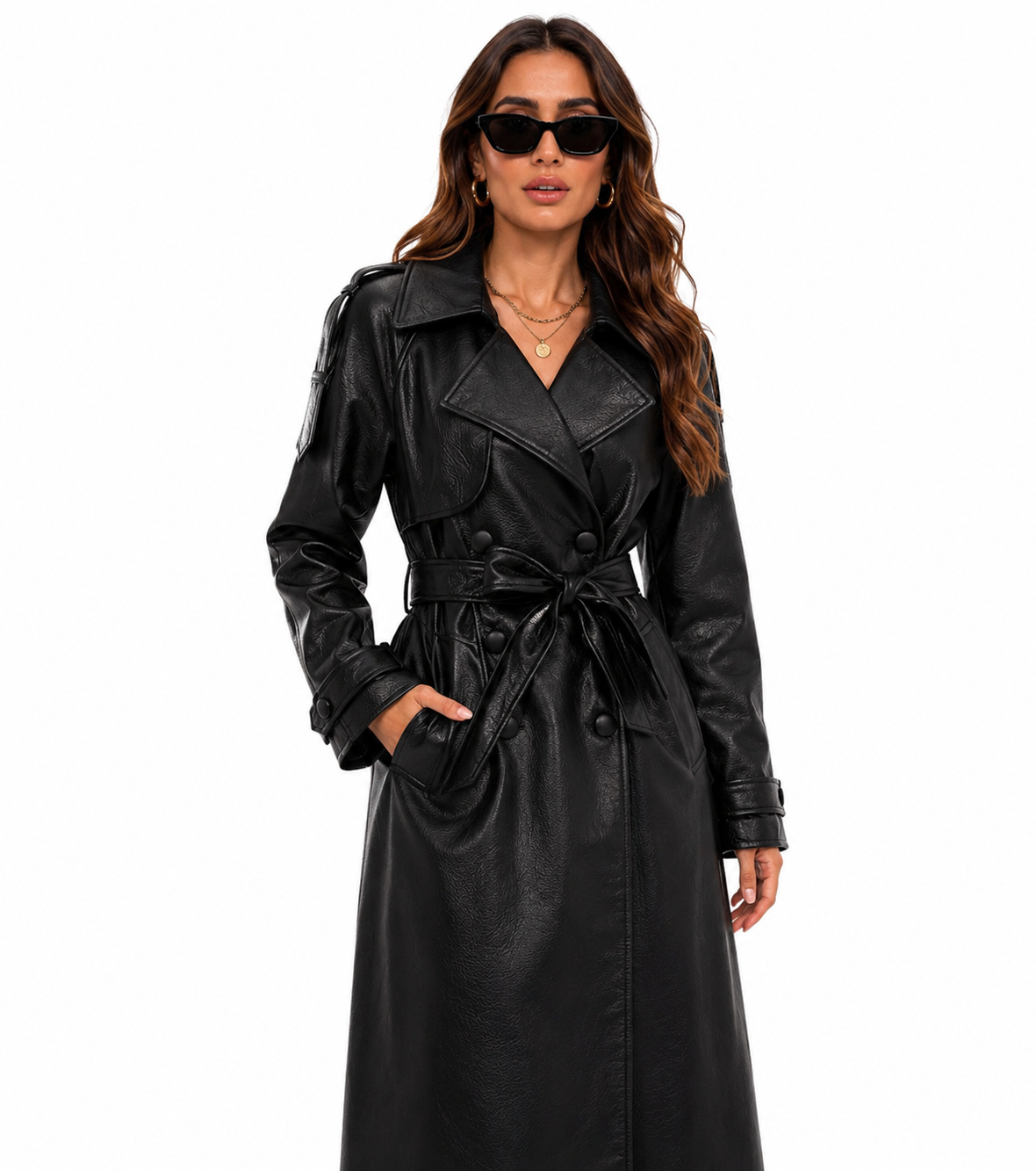 Sobretudo Feminino Preto em Couro Sintético