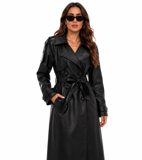 Sobretudo Feminino Preto em Couro Sintético