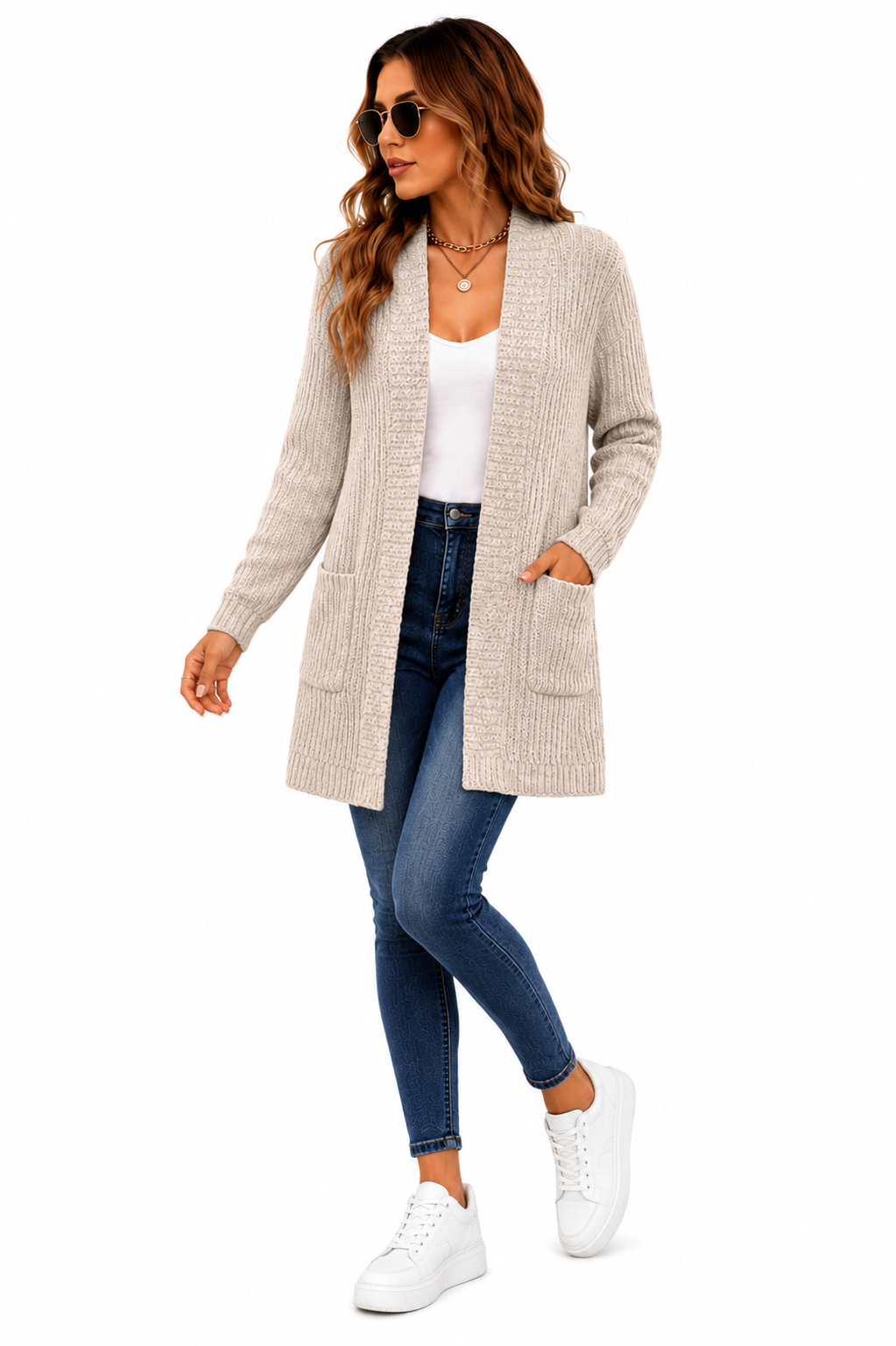 Casaco Feminino Cardigan Alongado Tricot Bege