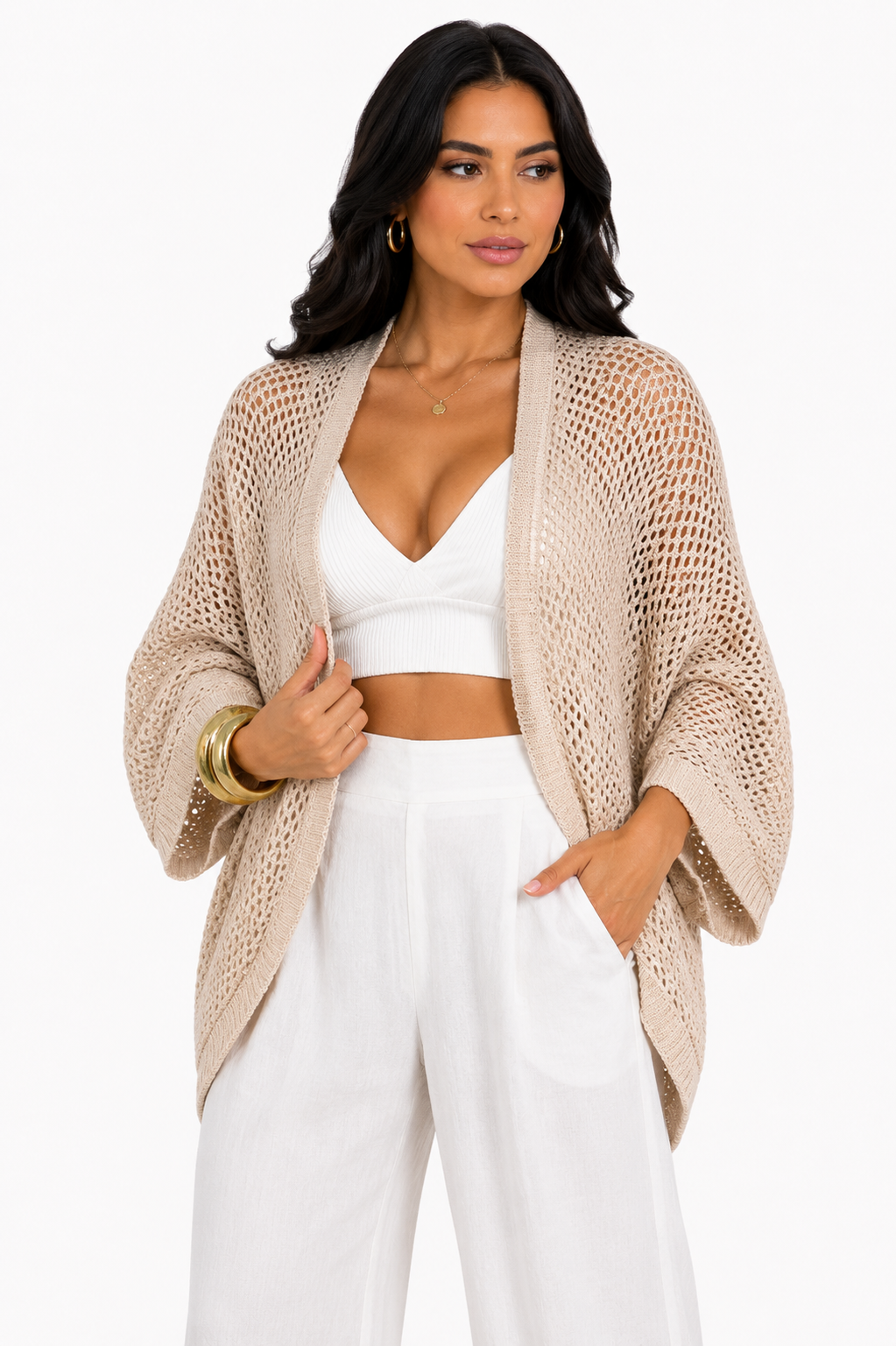 Casaco Feminino Tricô Vazado Nude | Coleção Inverno