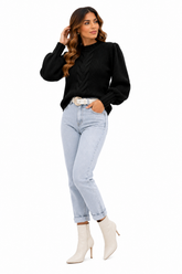 Blusa Feminina Tricot Preta Manga Bufante