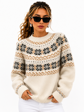 Suéter Feminino Tricô Nórdico Flocos de Neve | Linha Inverno