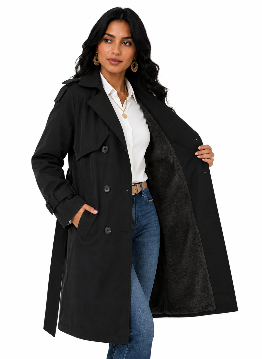 Sobretudo Feminino Amanda Preto | Trench Coat Térmico Forrado com Cinto | Estilo Inverno