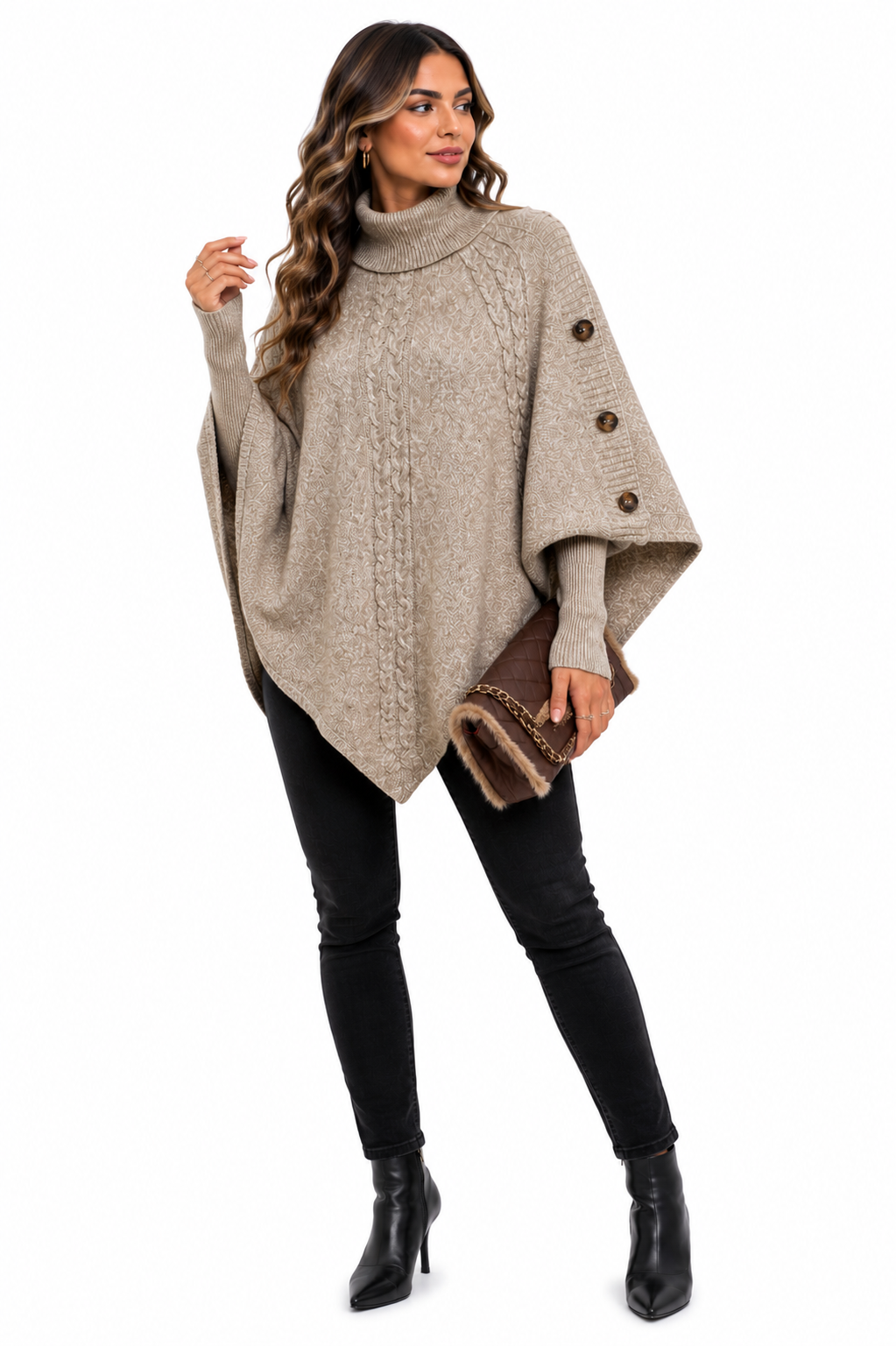 Casaco Feminino Tricot Gola Alta Bege