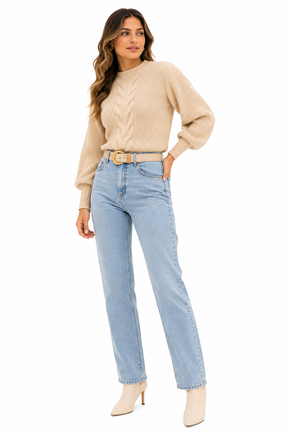 Blusa Feminina Tricot Bege Manga Bufante
