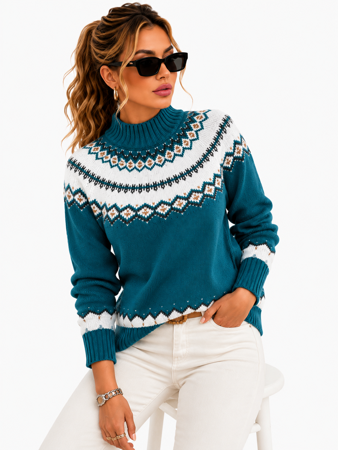 Suéter Feminino Tricô Nórdico Azul Petróleo | Coleção Inverno