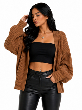 Cardigan Feminino Tricot Caramelo Oversized