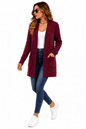 Casaco Feminino Cardigan Alongado em Tricot Marsala
