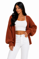 Cardigan Feminino Tricot Terracota Oversized