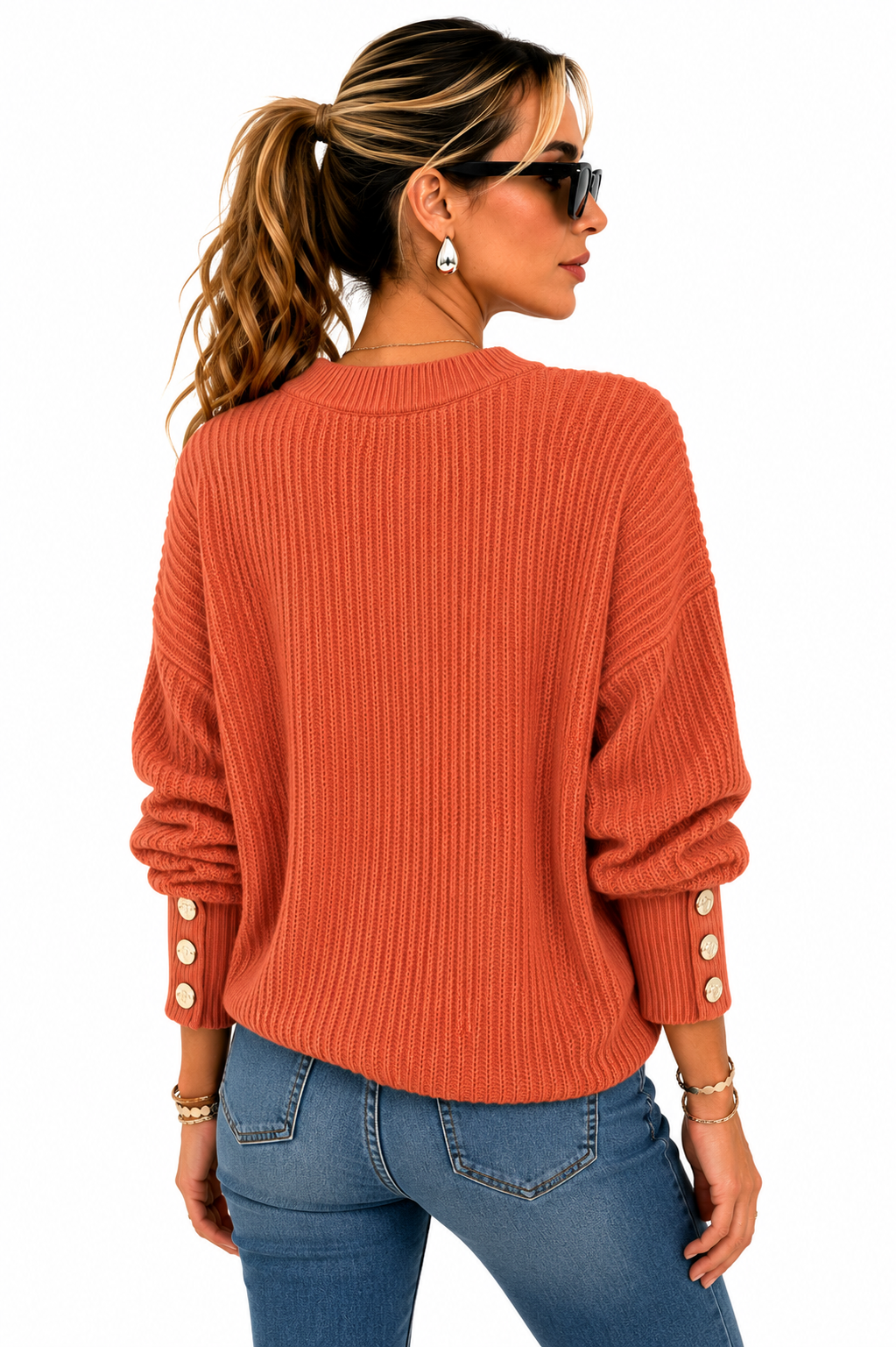 Suéter Feminino Tricô Terracota com Botões