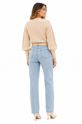 Blusa Feminina Tricot Bege Manga Bufante