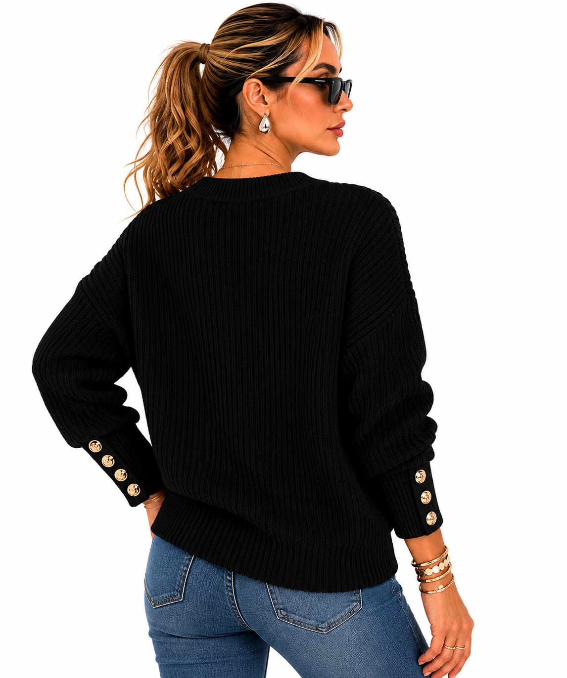 Suéter Feminino Tricô Preto com Botões Dourados
