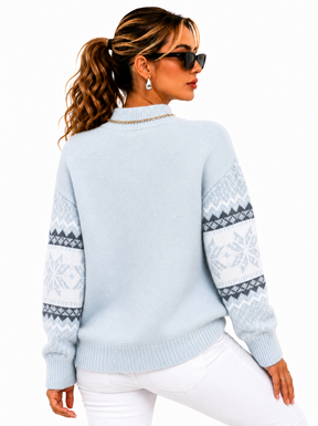 Suéter Feminino Tricô Nórdico Azul Glacial | Estilo Inverno