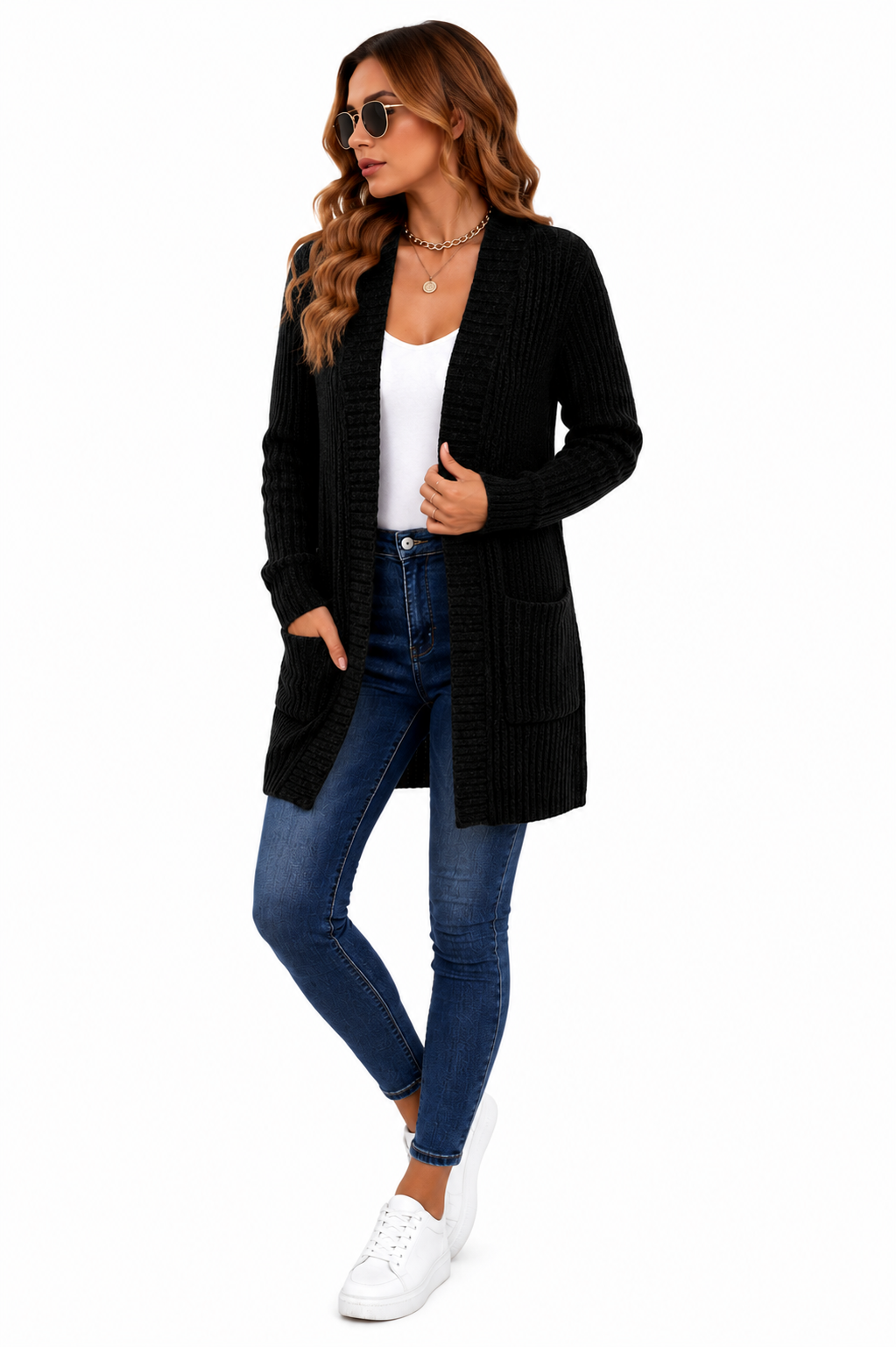 Casaco Feminino Cardigan Alongado em Tricot Preto