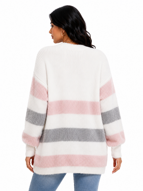 Cardigan Feminino Tricô Listrado Rosé Soft | Coleção Inverno