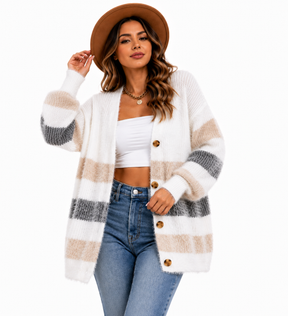 Cardigan Feminino Tricô Listrado Caramelo Soft | Coleção Inverno