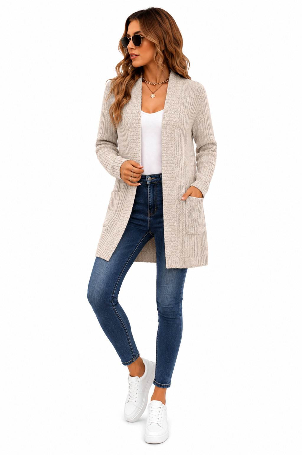 Casaco Feminino Cardigan Alongado Tricot Bege