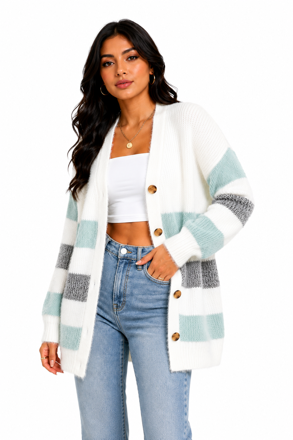 Cardigan Feminino Tricô Listrado Mint Soft | Edição Inverno