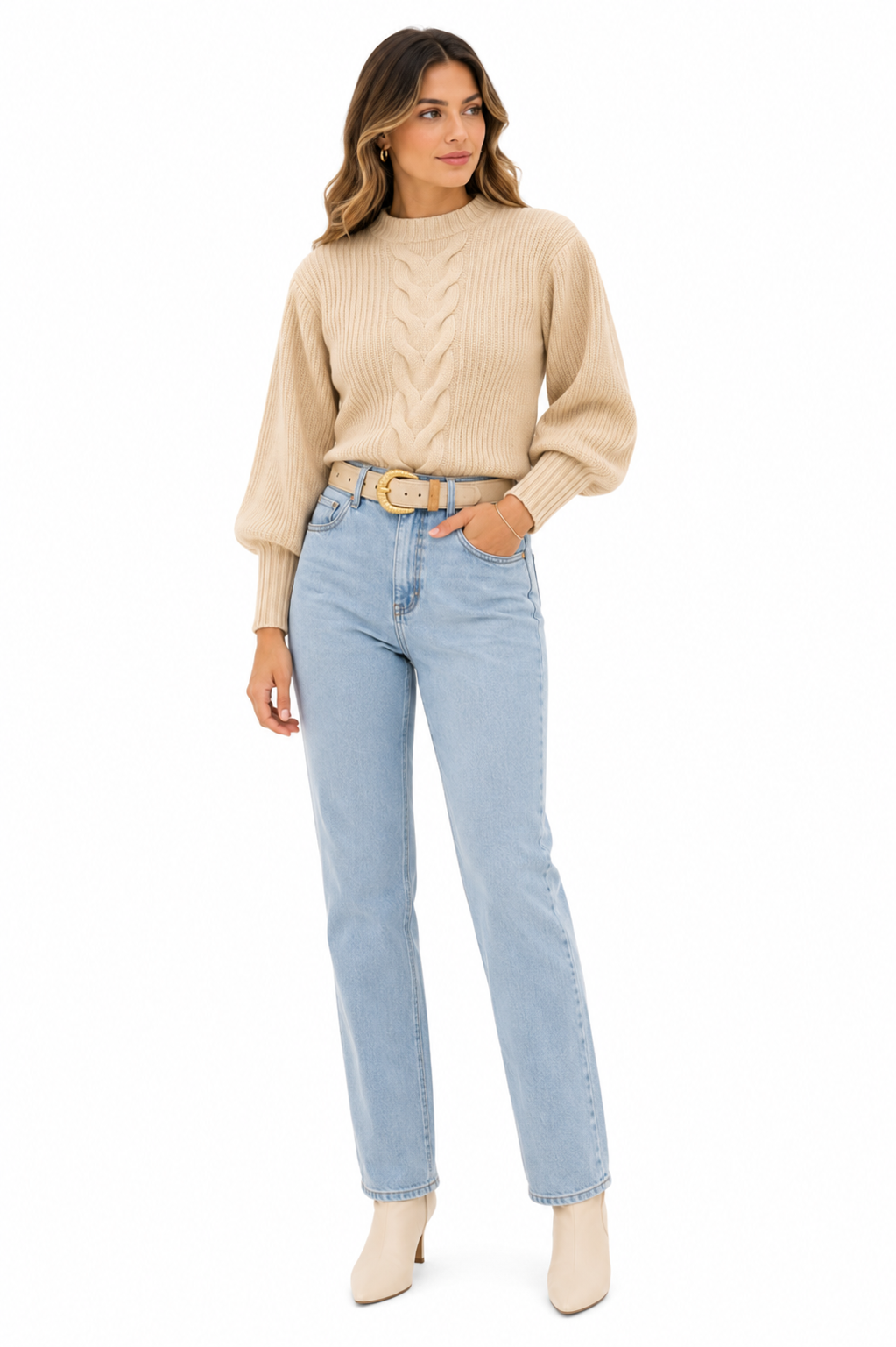Blusa Feminina Tricot Bege Manga Bufante