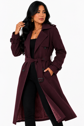 Sobretudo Feminino Amanda Vinho | Trench Coat Térmico Forrado com Cinto | Seleção Inverno