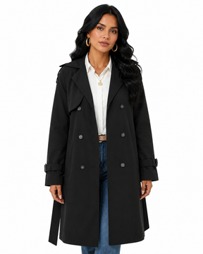 Sobretudo Feminino Amanda Preto | Trench Coat Térmico Forrado com Cinto | Estilo Inverno