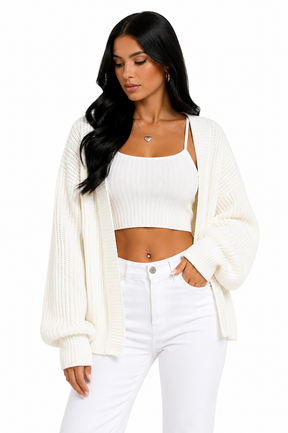 Cardigan Feminino Tricot Off White Oversized