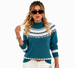 Suéter Feminino Tricô Nórdico Azul Petróleo | Coleção Inverno