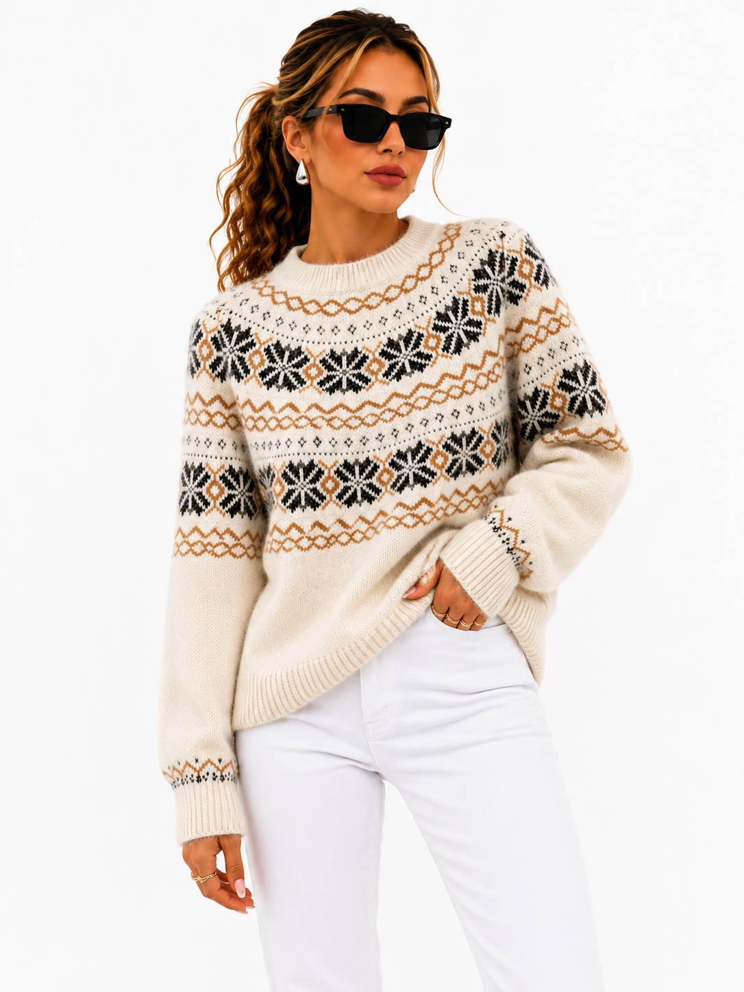Suéter Feminino Tricô Nórdico Flocos de Neve | Linha Inverno
