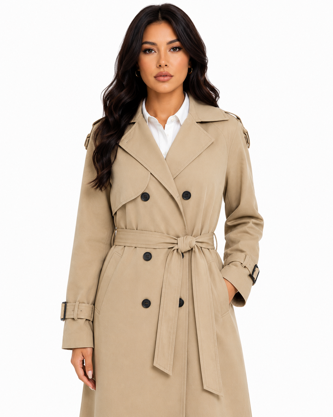 Sobretudo Feminino Amanda Bege | Trench Coat Térmico Forrado com Cinto | Coleção Inverno