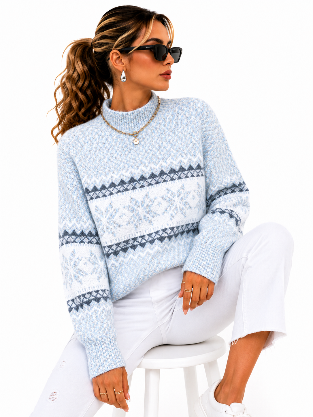 Suéter Feminino Tricô Nórdico Azul Glacial | Estilo Inverno