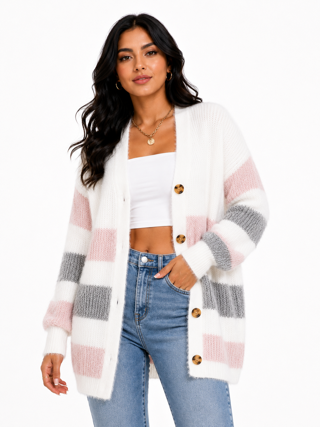 Cardigan Feminino Tricô Listrado Rosé Soft | Coleção Inverno