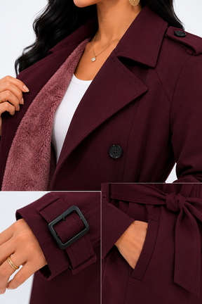 Sobretudo Feminino Amanda Vinho | Trench Coat Térmico Forrado com Cinto | Seleção Inverno