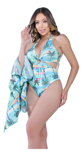 Conjunto Maiô Body Feminino com Kimono Curto Saída de Praia