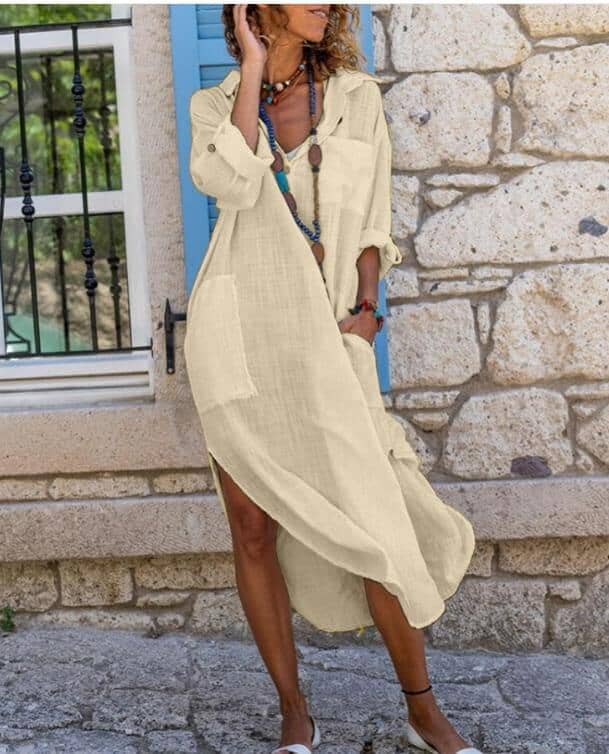 Saída de Praia Chemise em Linho com Botões e Manga Longa