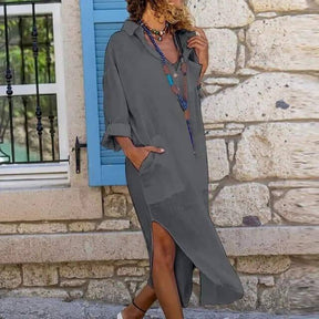 Saída de Praia Chemise em Linho com Botões e Manga Longa