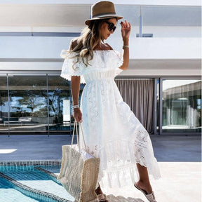 Vestido Longo Frida em Laise com Barra Assimétrica