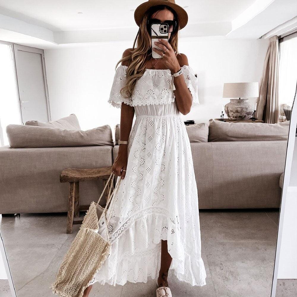 Vestido Longo Frida em Laise com Barra Assimétrica